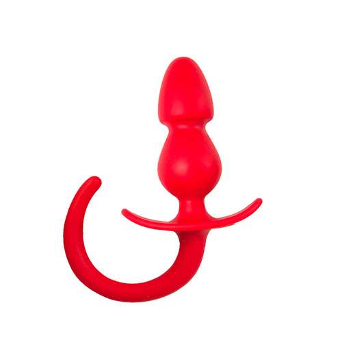 Ribbed Silicone Butt Plug with Tail-Red